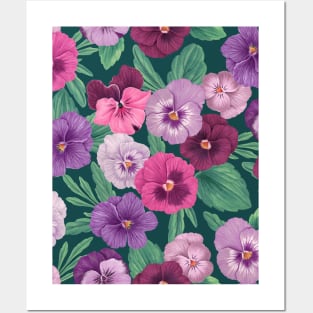 Colorful pansies on dark greenish blue Posters and Art